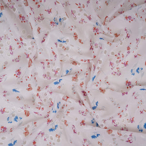 Pink With Blue Floral Print Cotton Schiffli Fabric LI-32155 - TradeUNO