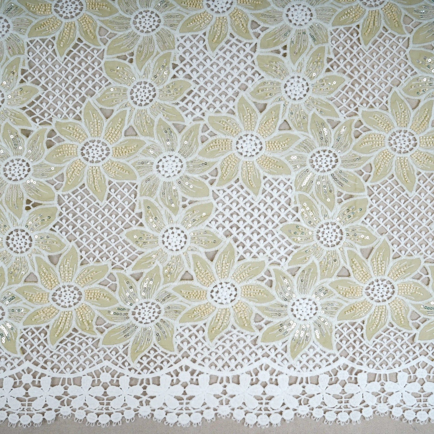 Parrot Green Cutdana Floral Schiffli Embroidery Crepe Fabric DVT-30571