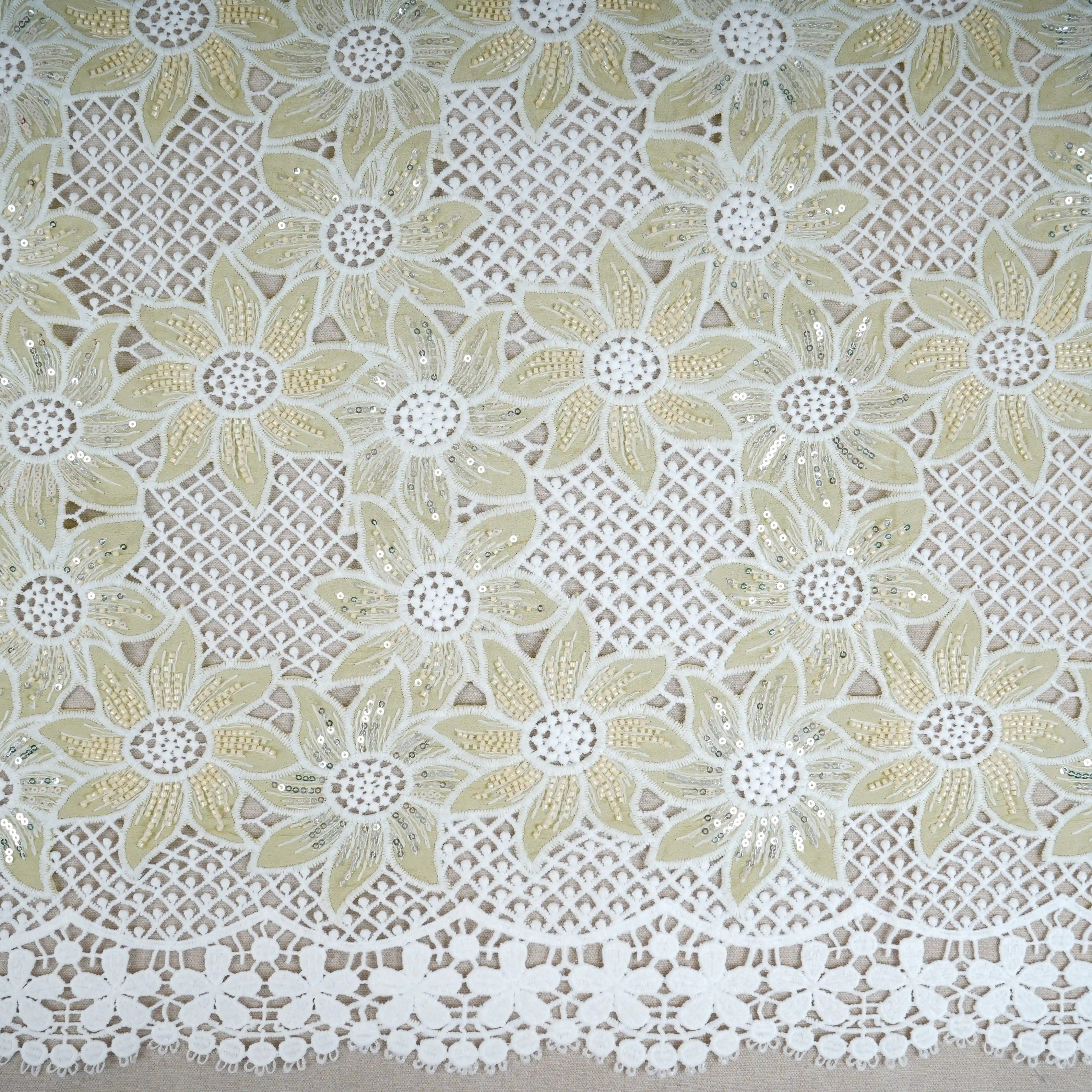 Parrot Green Cutdana Floral Schiffli Embroidery Crepe Fabric DVT-30571 - TradeUNO