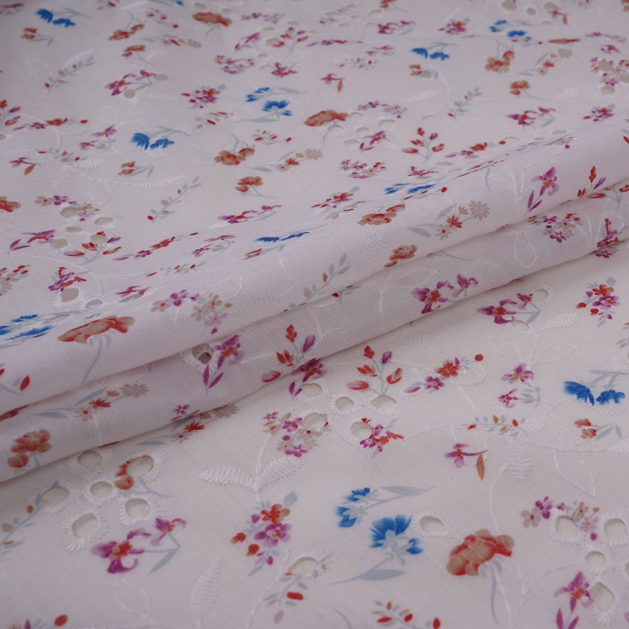 Pink With Blue Floral Print Cotton Schiffli Fabric LI-32155 - TradeUNO