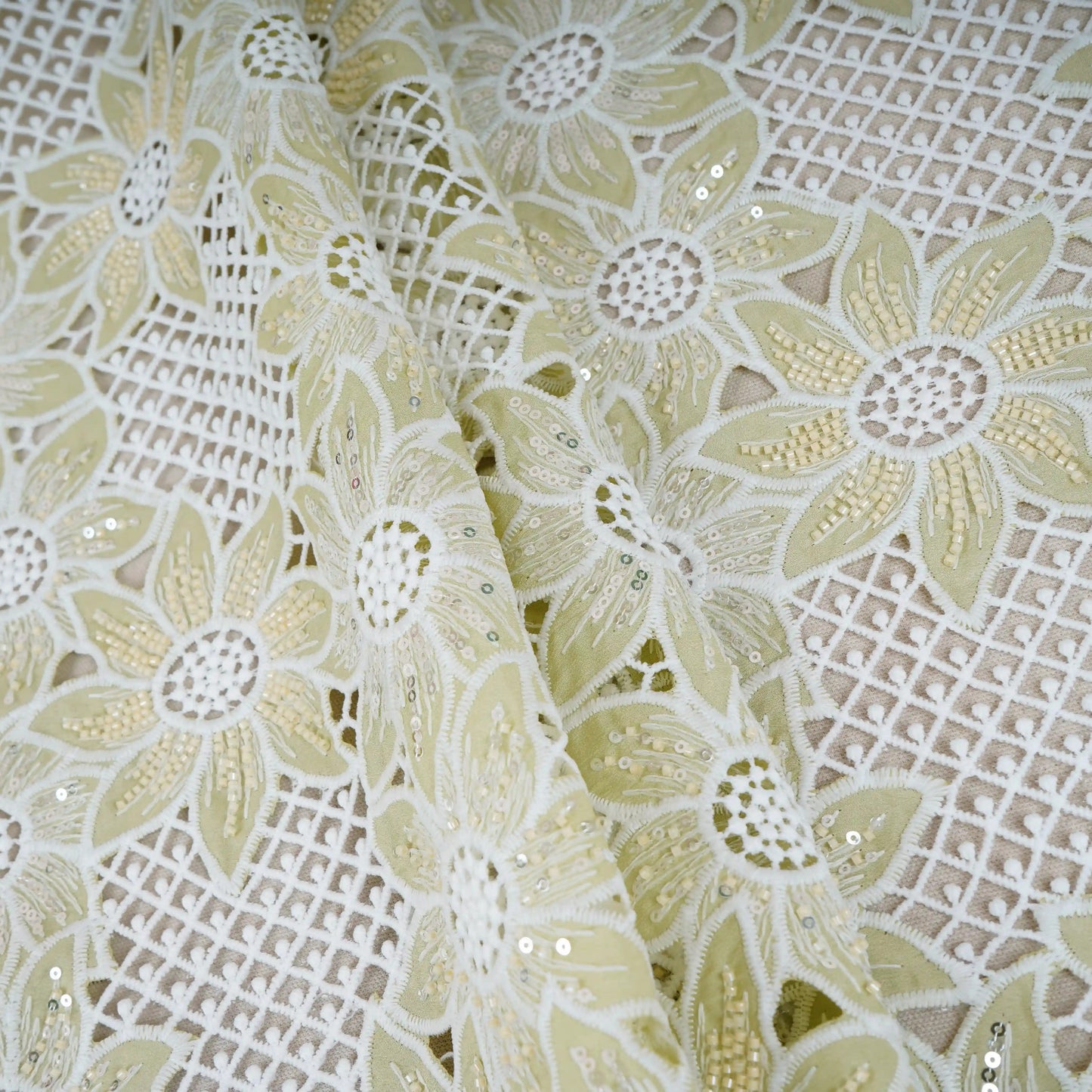 Parrot Green Cutdana Floral Schiffli Embroidery Crepe Fabric DVT-30571