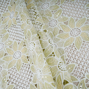 Parrot Green Cutdana Floral Schiffli Embroidery Crepe Fabric DVT-30571 - TradeUNO