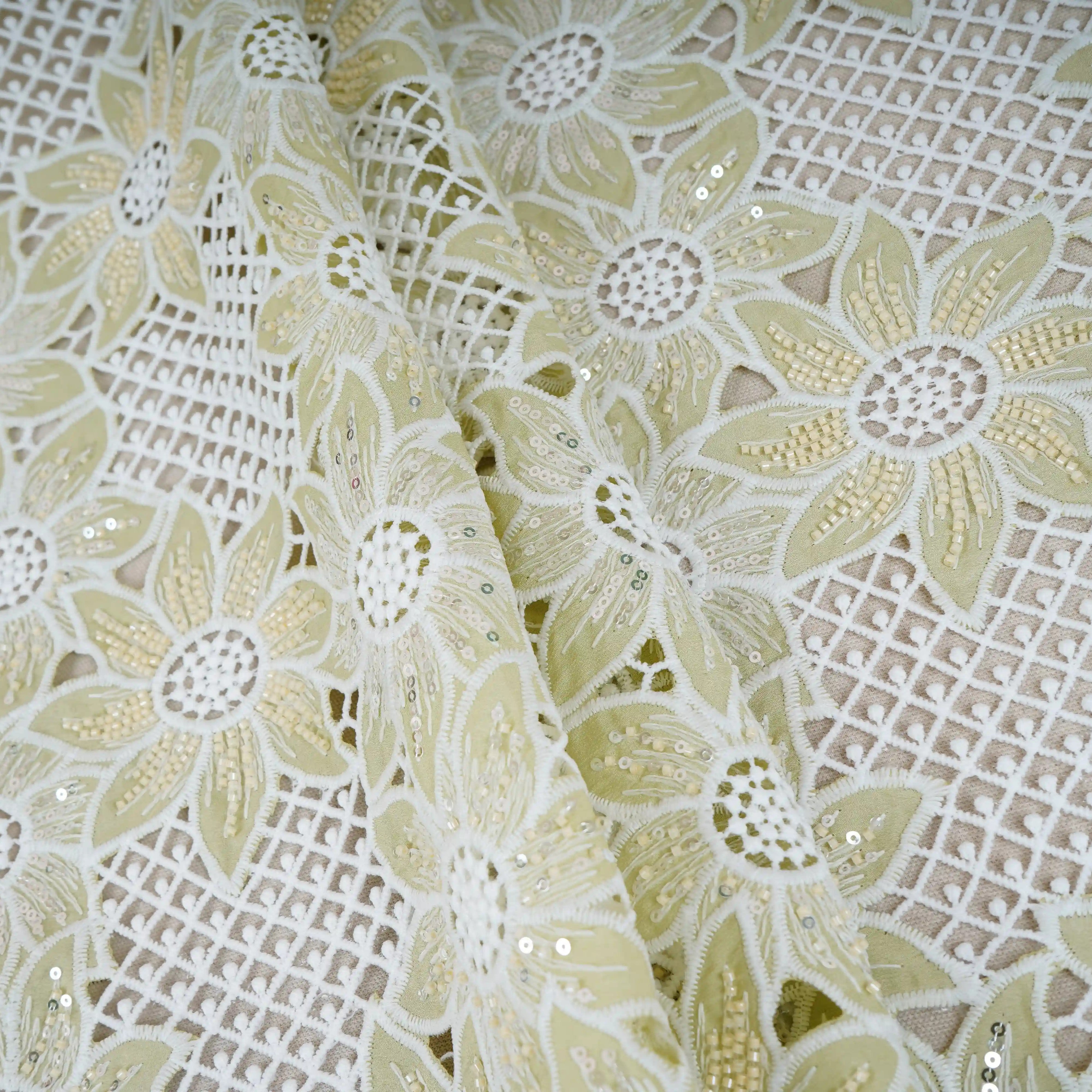 Parrot Green Cutdana Floral Schiffli Embroidery Crepe Fabric DVT-30571 - TradeUNO