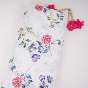 White With Red Floral Print Cotton Schiffli Fabric LI-32150 - TradeUNO