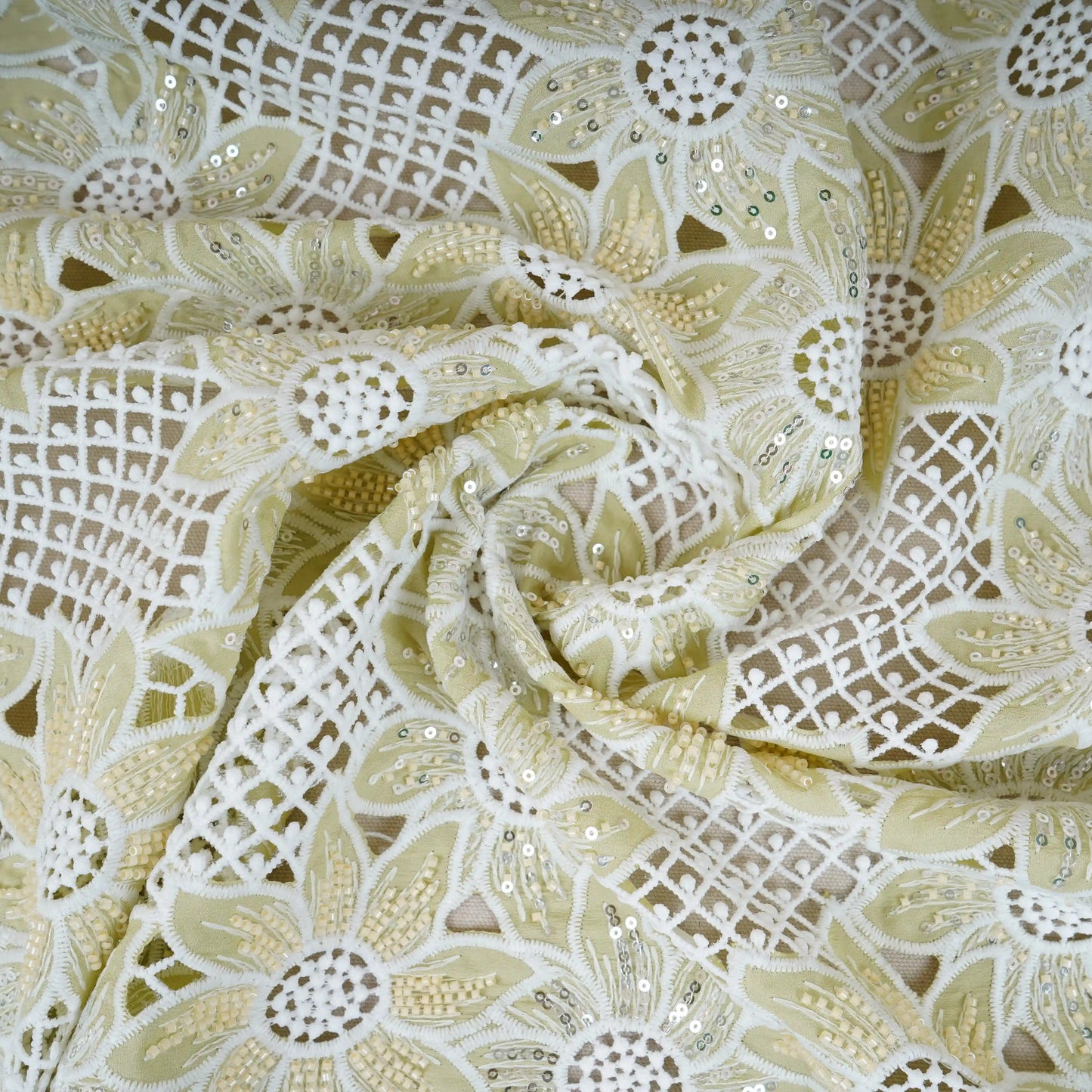 Parrot Green Cutdana Floral Schiffli Embroidery Crepe Fabric DVT-30571