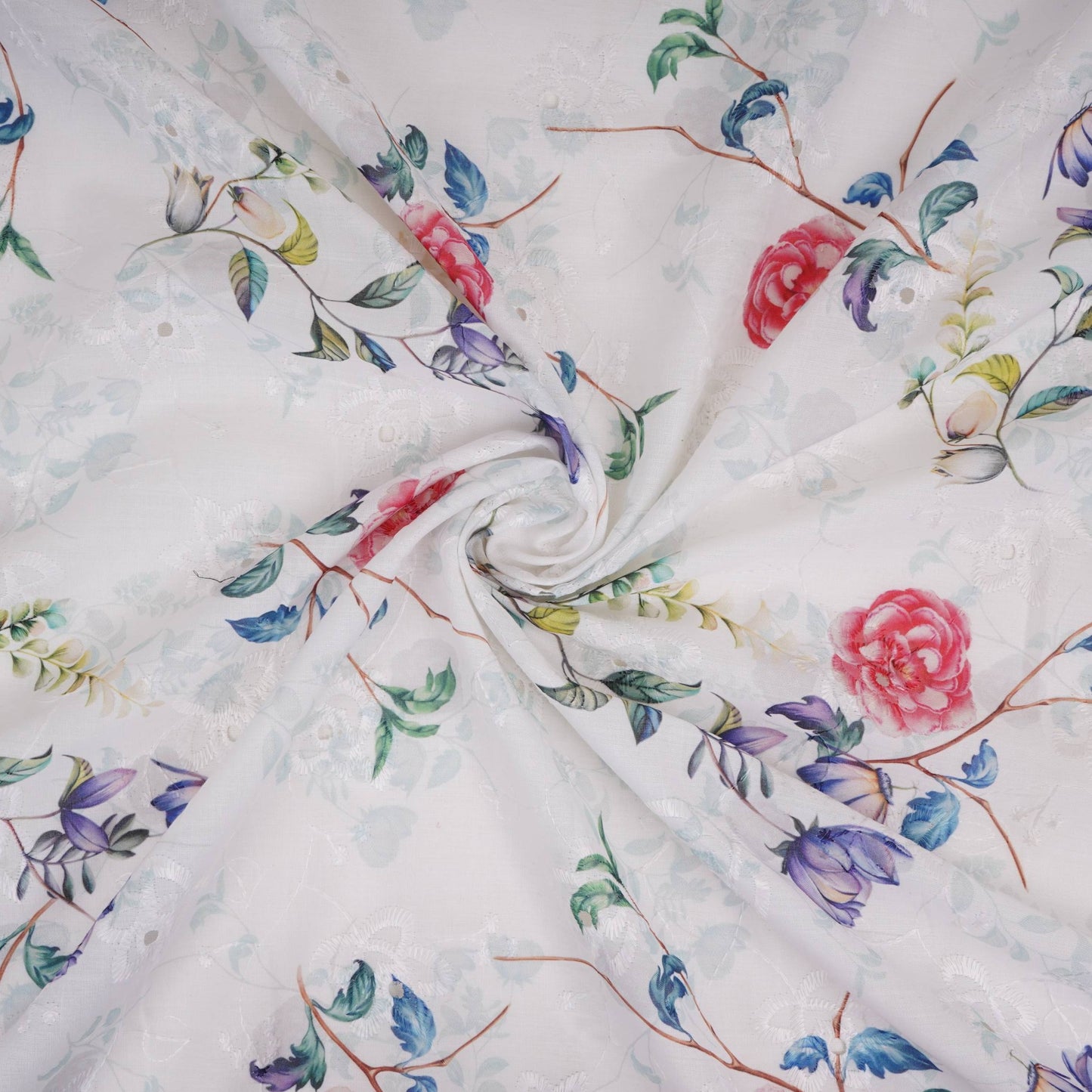 White With Red Floral Print Cotton Schiffli Fabric LI-32150