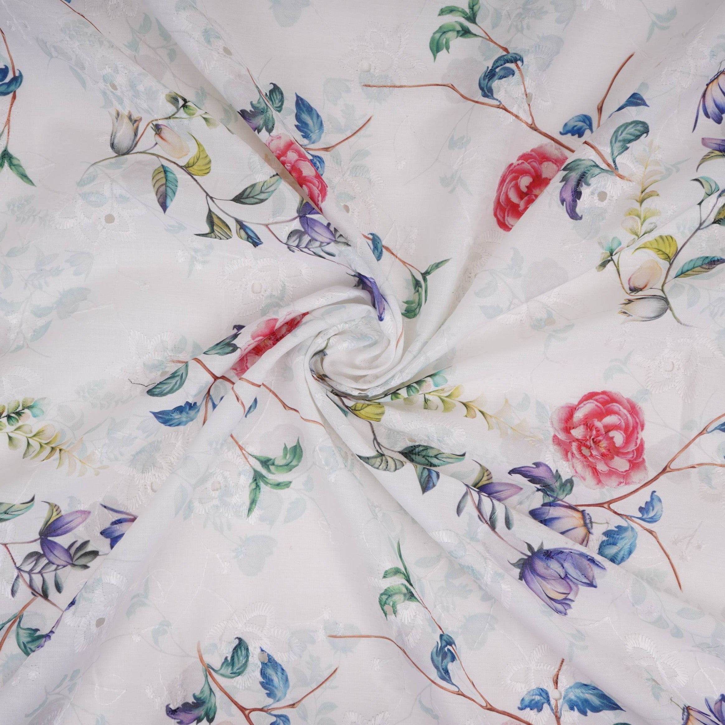 White With Red Floral Print Cotton Schiffli Fabric LI-32150 - TradeUNO