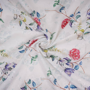 White With Red Floral Print Cotton Schiffli Fabric LI-32150 - TradeUNO