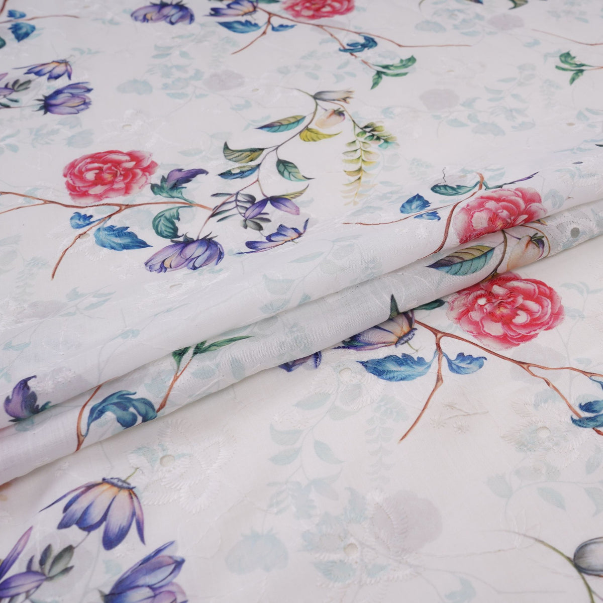 White With Red Floral Print Cotton Schiffli Fabric LI-32150 - TradeUNO