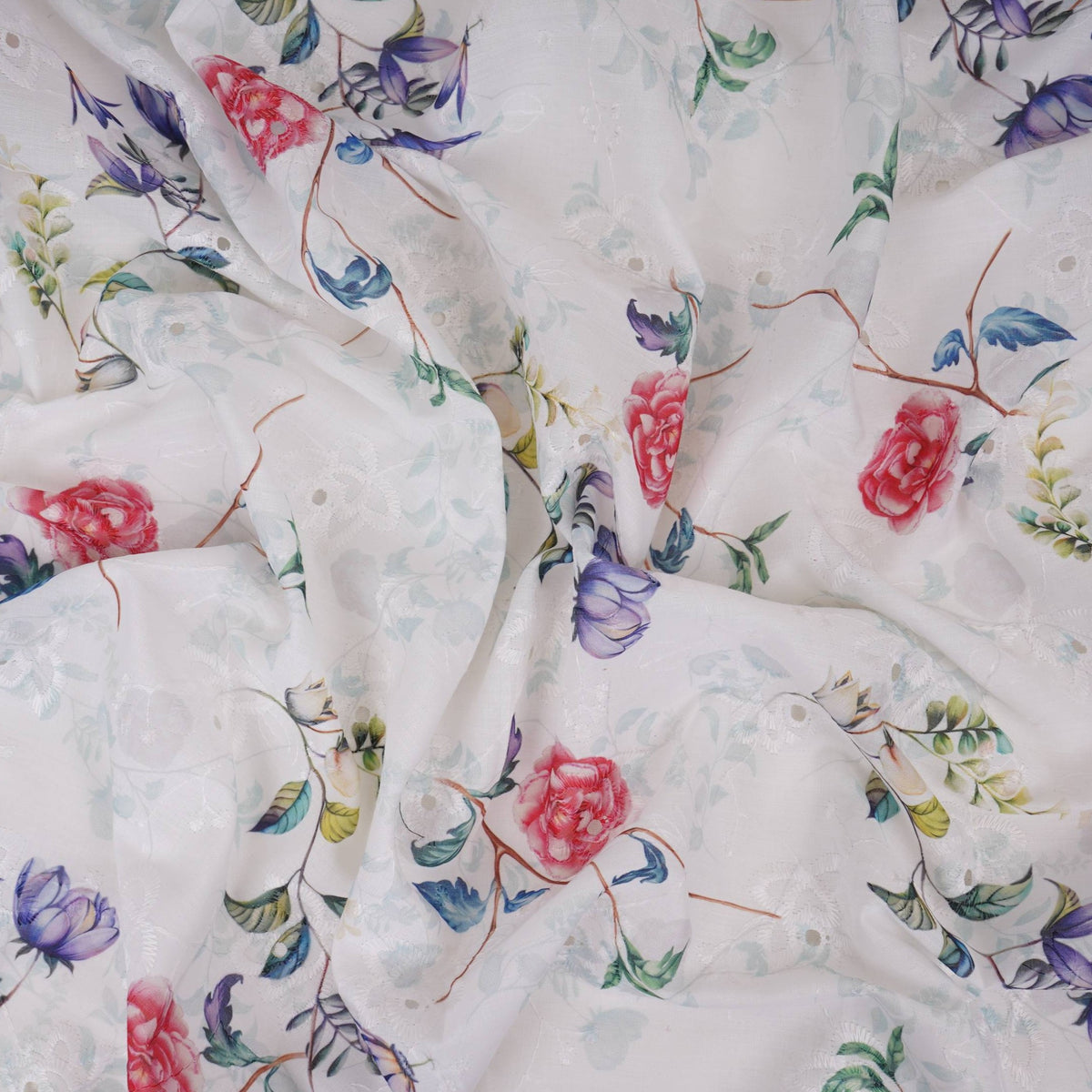 White With Red Floral Print Cotton Schiffli Fabric LI-32150 - TradeUNO