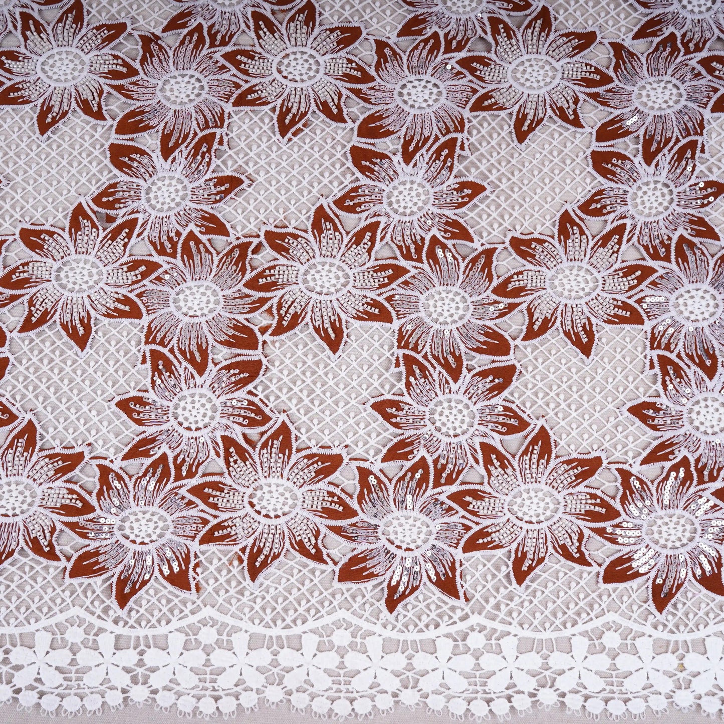 Brown Cutdana Floral Schiffli Embroidery Crepe Fabric DVT-30572