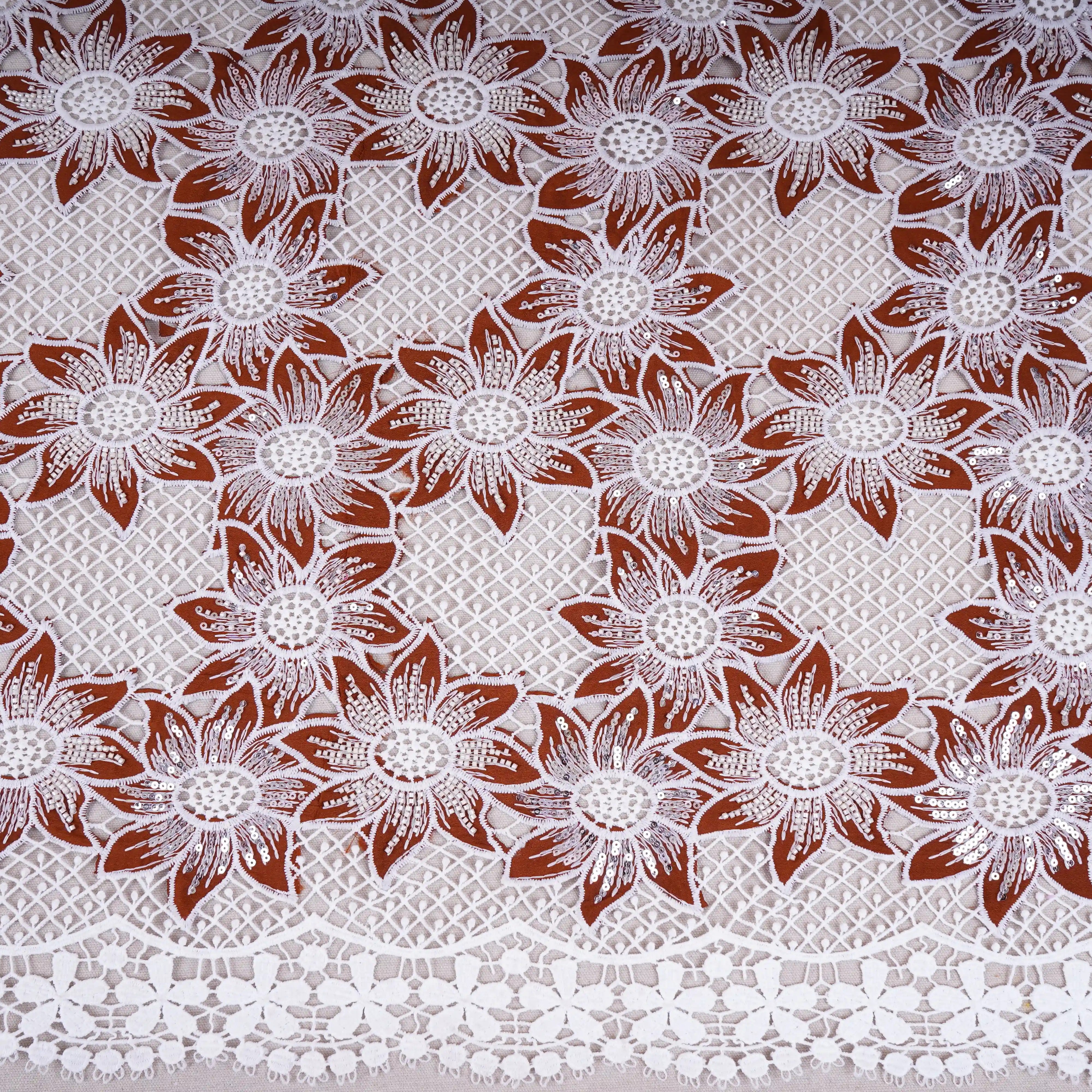 Brown Cutdana Floral Schiffli Embroidery Crepe Fabric DVT-30572 - TradeUNO