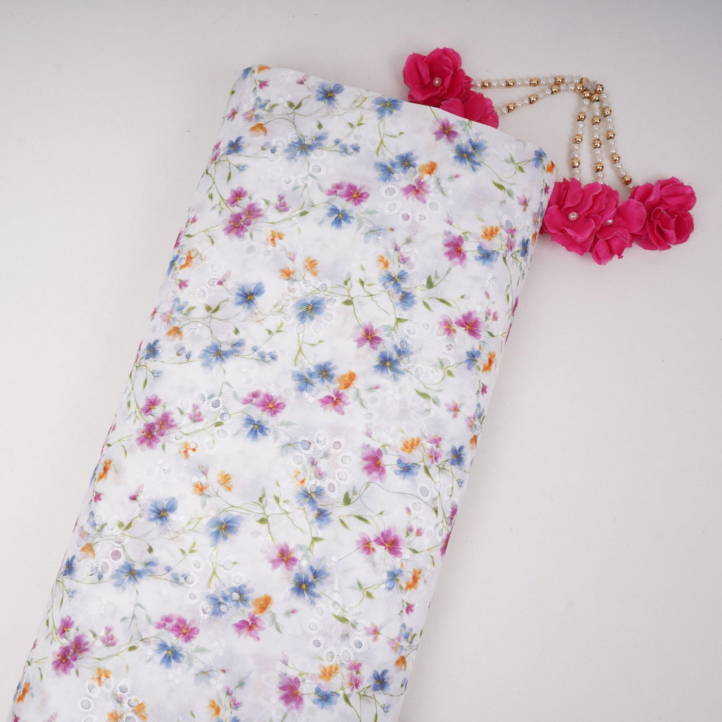 White With Multicolor Floral Print Cotton Schiffli Fabric LI-32153