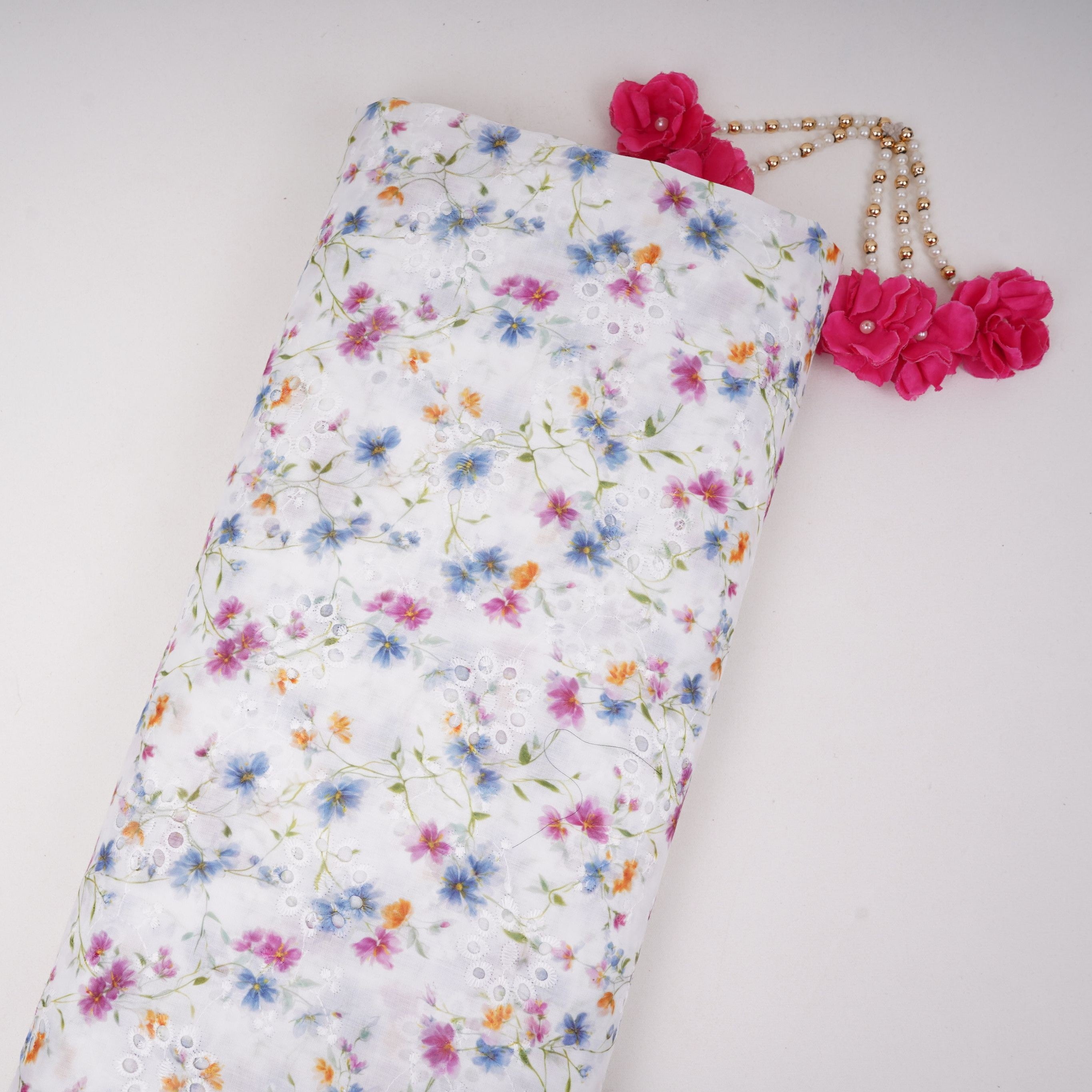 White With Multicolor Floral Print Cotton Schiffli Fabric LI-32153 - TradeUNO