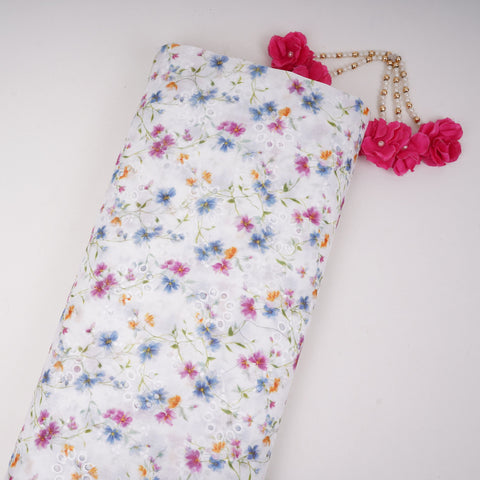 White With Multicolor Floral Print Cotton Schiffli Fabric LI-32153
