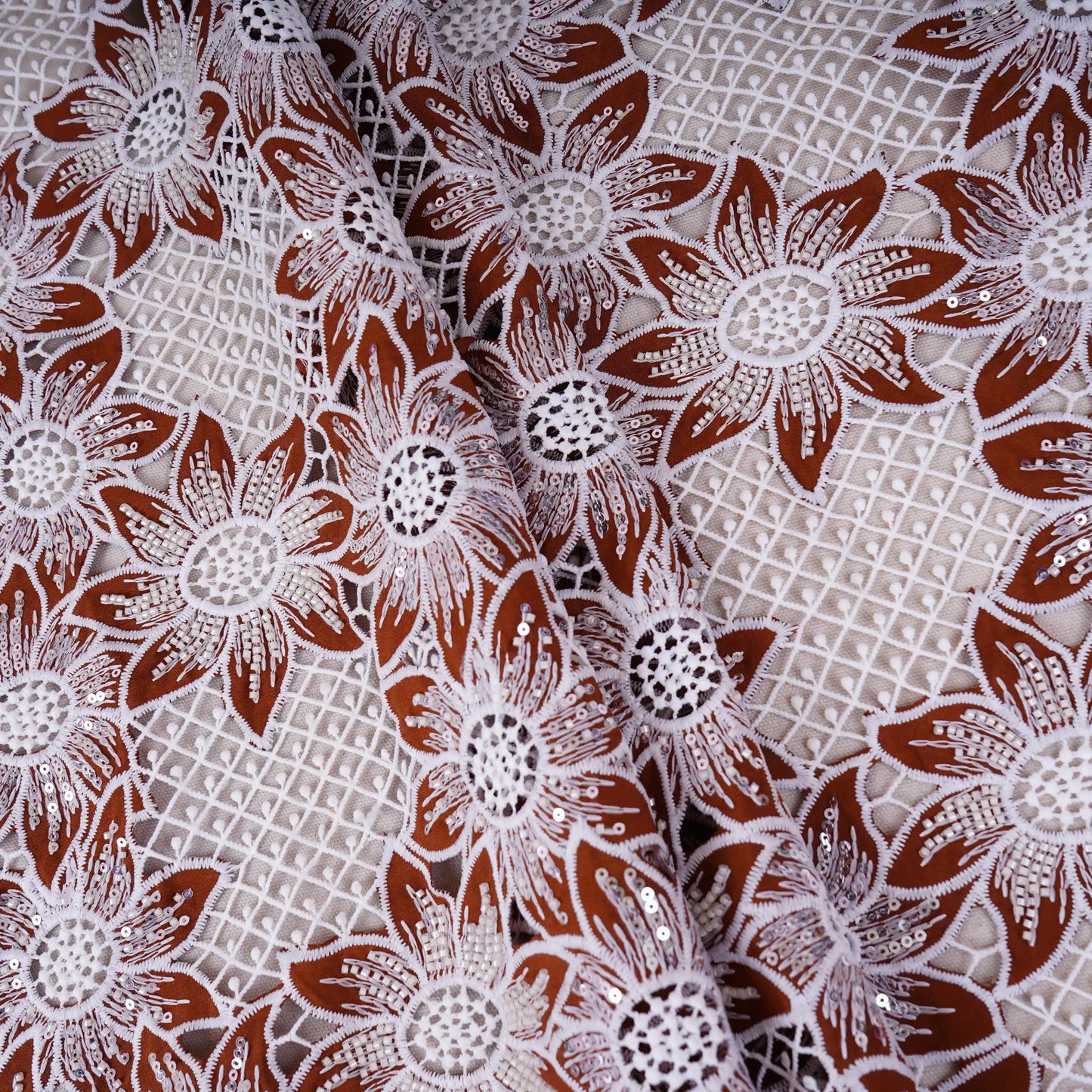 Brown Cutdana Floral Schiffli Embroidery Crepe Fabric DVT-30572