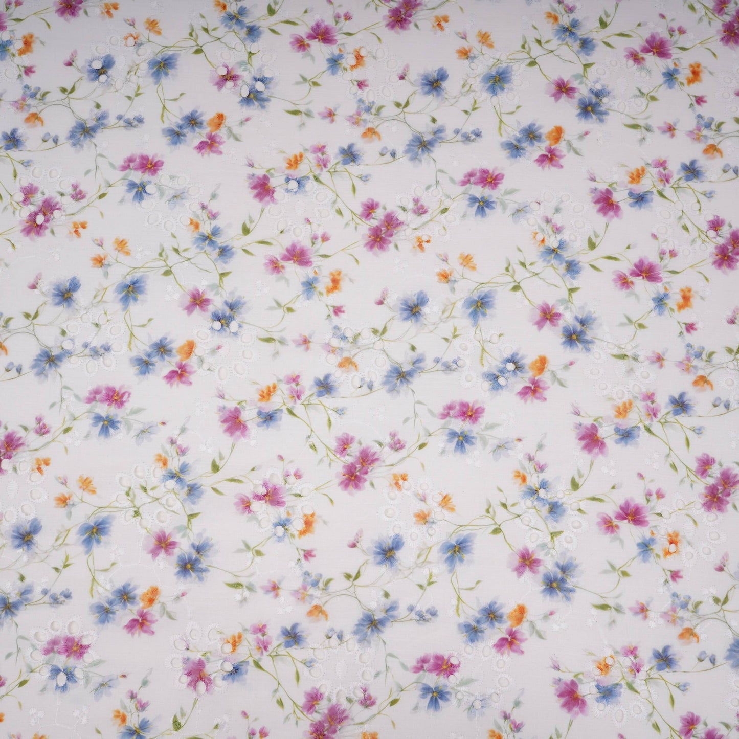 White With Multicolor Floral Print Cotton Schiffli Fabric LI-32153