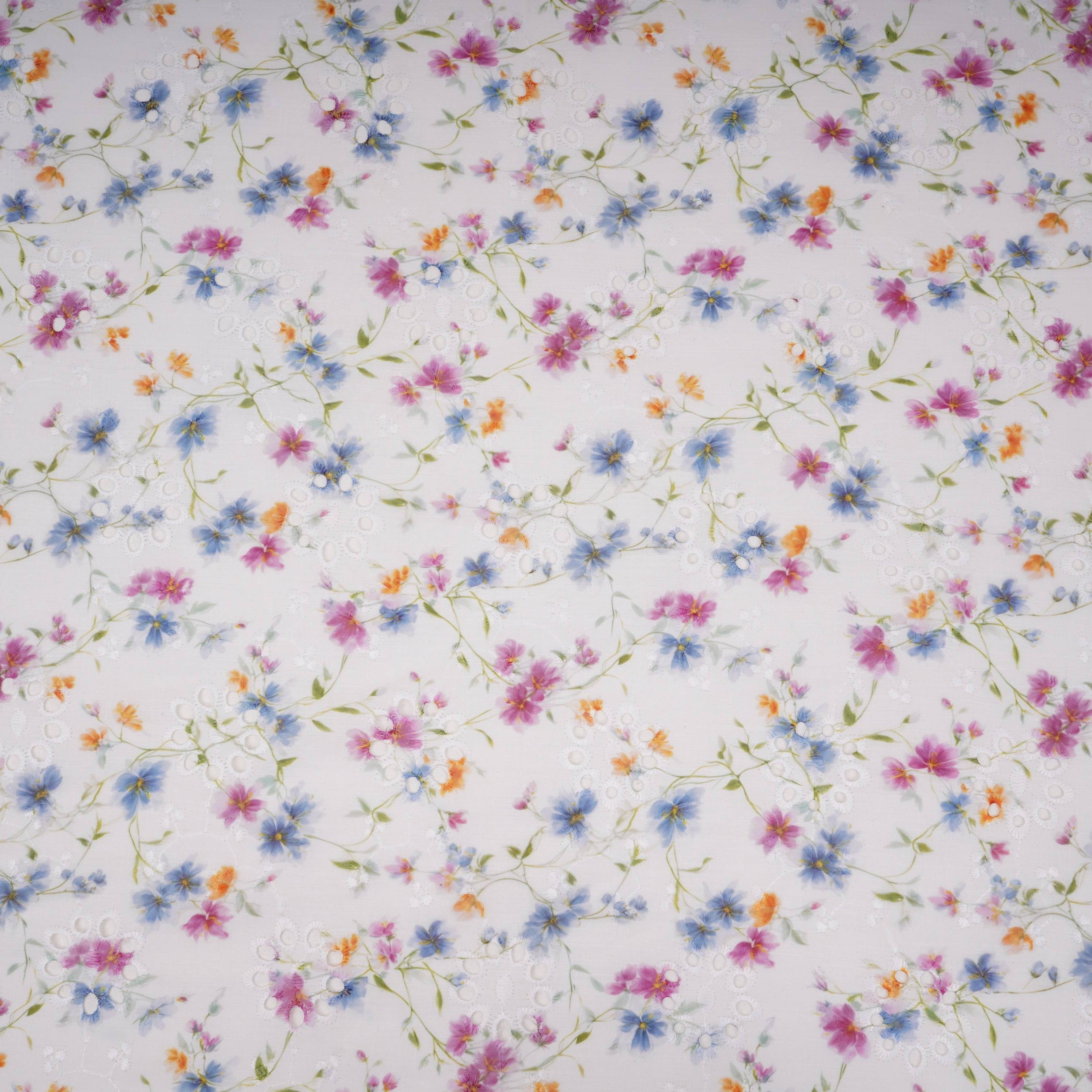 White With Multicolor Floral Print Cotton Schiffli Fabric LI-32153 - TradeUNO
