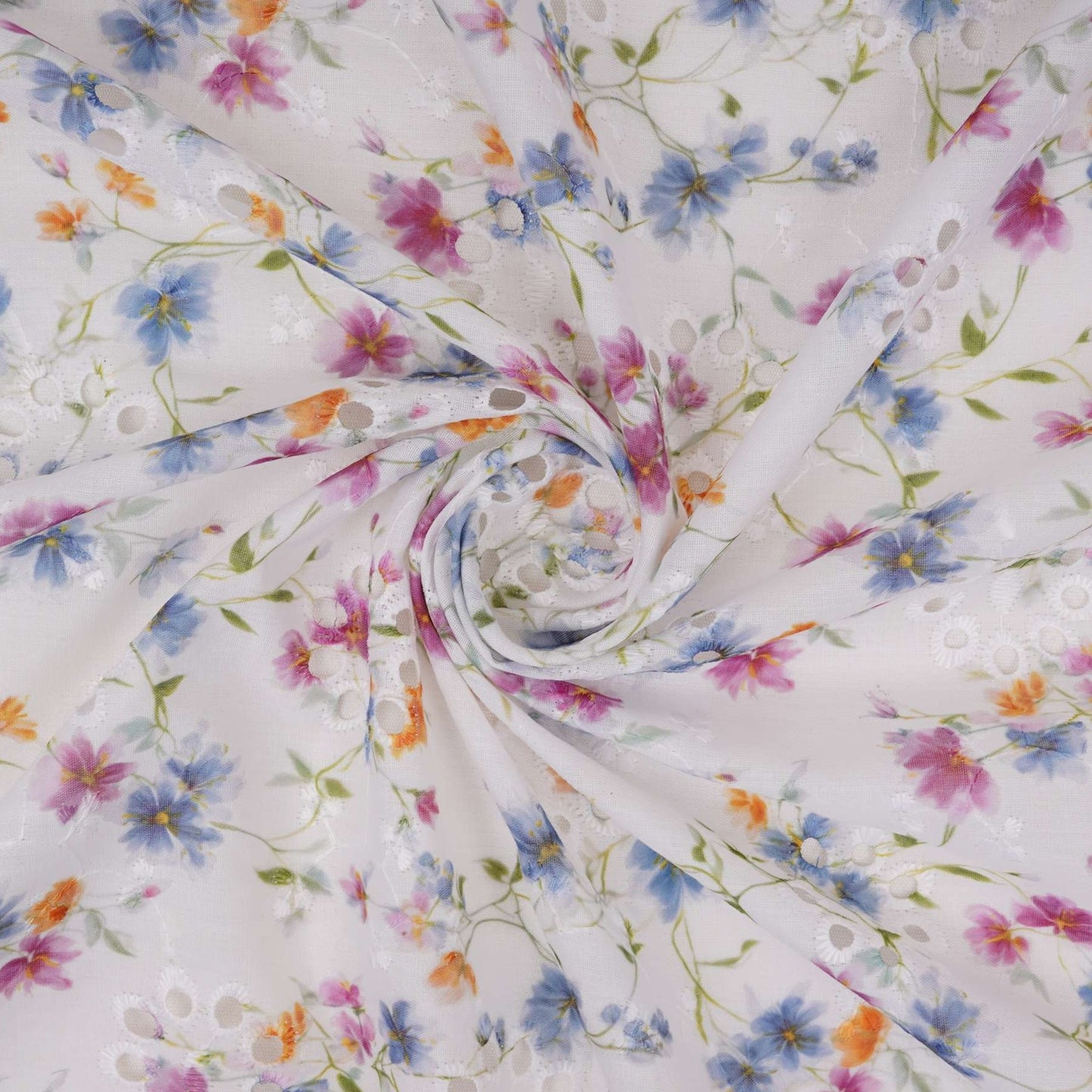 White With Multicolor Floral Print Cotton Schiffli Fabric LI-32153