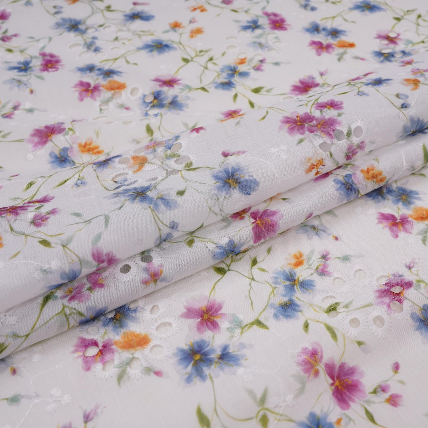 White With Multicolor Floral Print Cotton Schiffli Fabric LI-32153