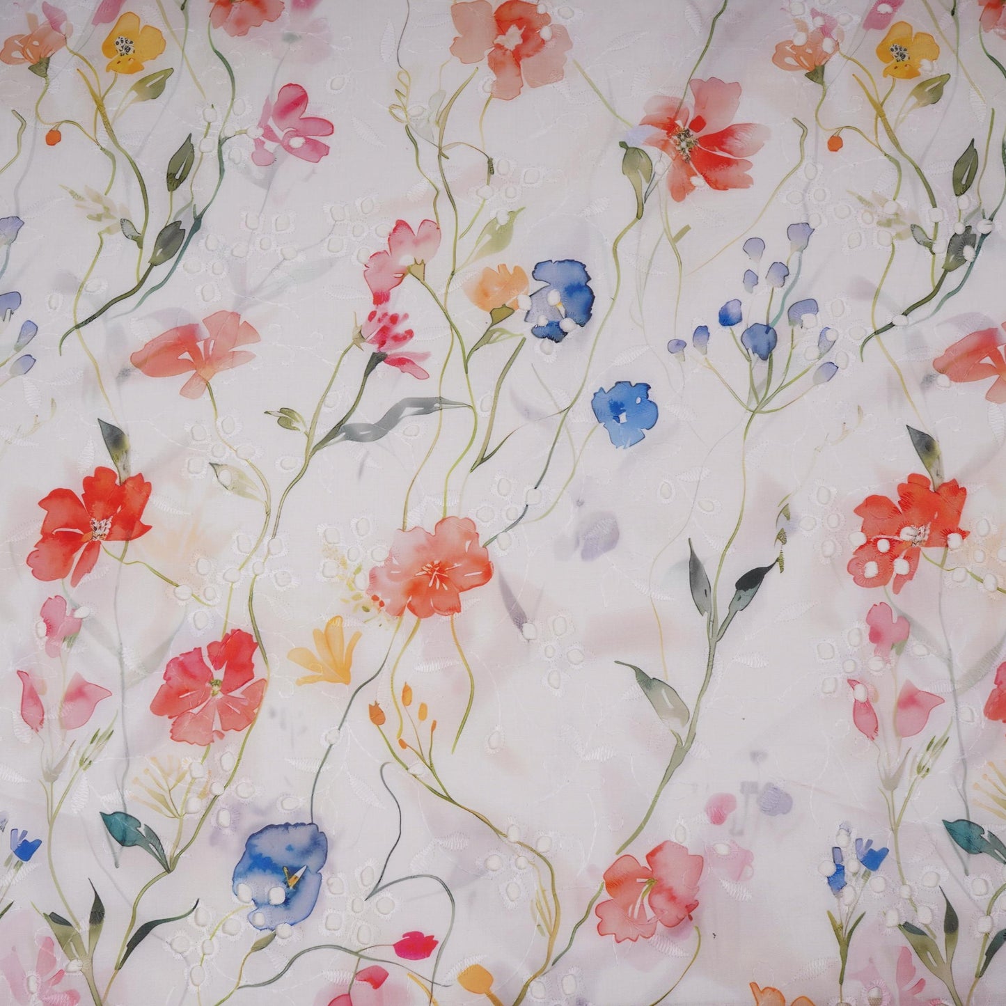 White With Orange Floral Print Cotton Schiffli Fabric LI-32156