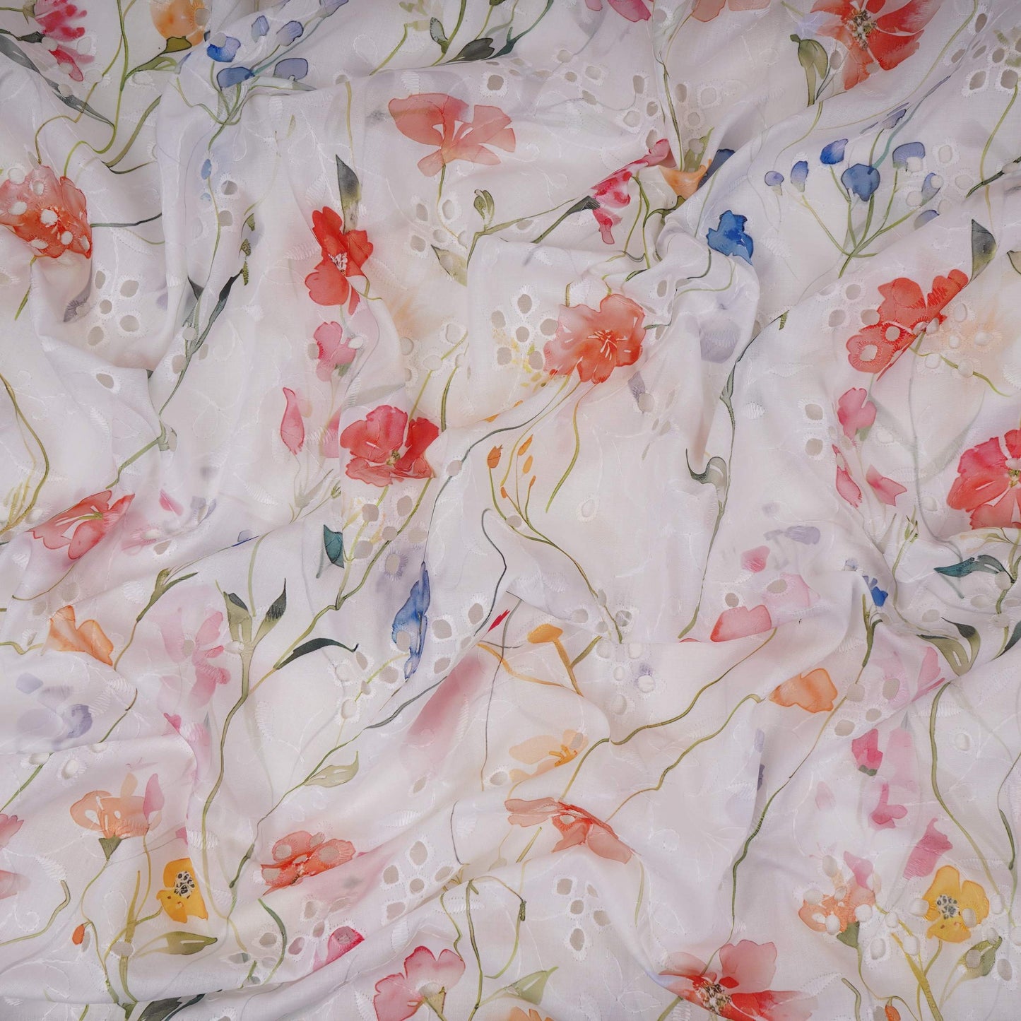 White With Orange Floral Print Cotton Schiffli Fabric LI-32156