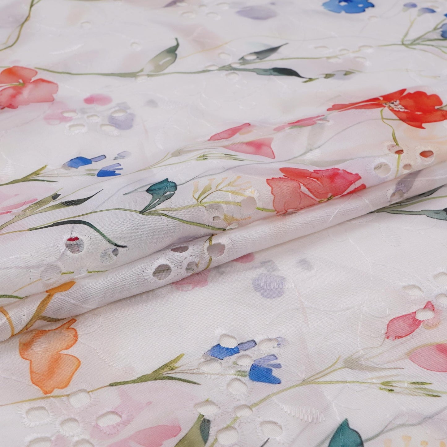 White With Orange Floral Print Cotton Schiffli Fabric LI-32156