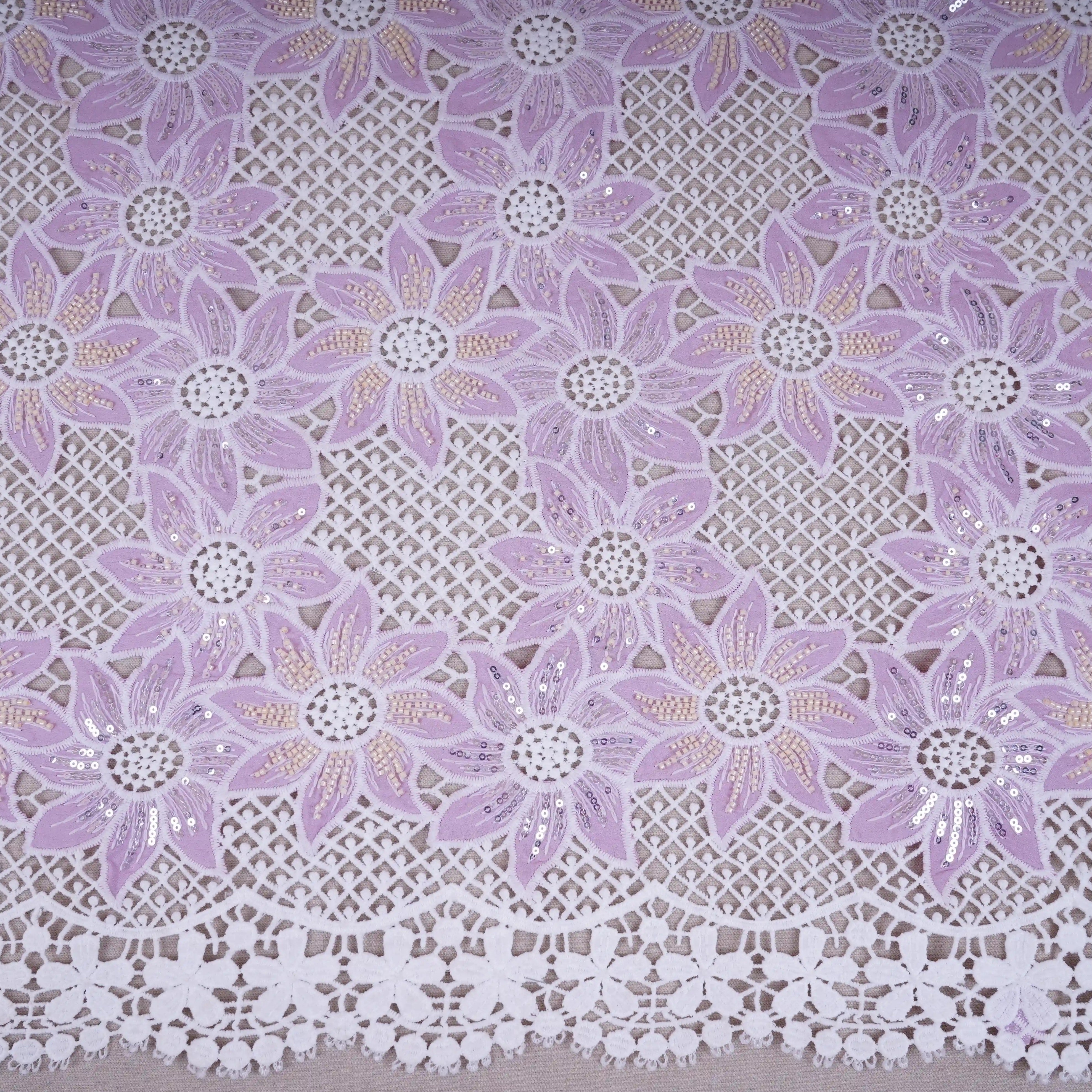 Magenta Pink Cutdana Floral Schiffli Embroidery Crepe Fabric DVT-30570 - TradeUNO