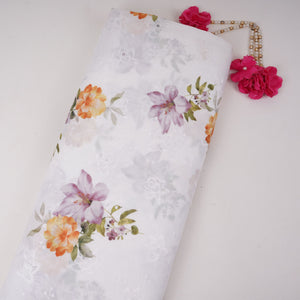 White With Yellow Floral Print Cotton Schiffli Fabric LI-32149 - TradeUNO