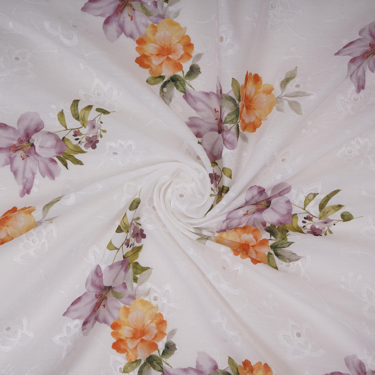 White With Yellow Floral Print Cotton Schiffli Fabric LI-32149 - TradeUNO