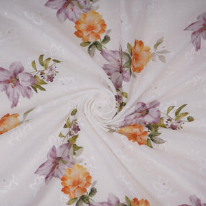 White With Yellow Floral Print Cotton Schiffli Fabric LI-32149 - TradeUNO