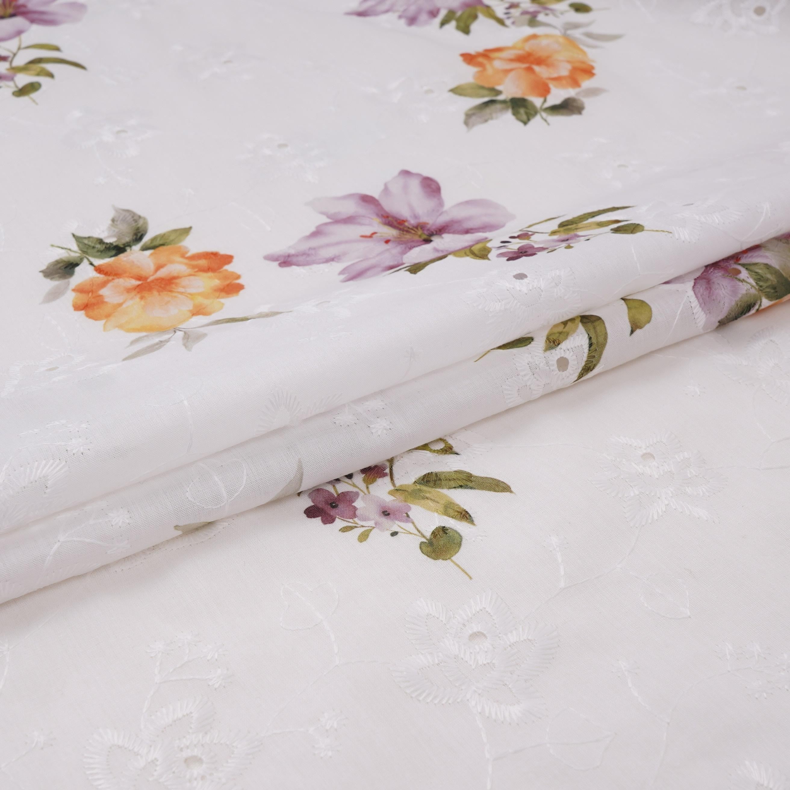 White With Yellow Floral Print Cotton Schiffli Fabric LI-32149 - TradeUNO