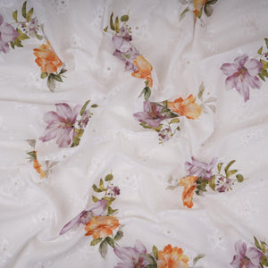 White With Yellow Floral Print Cotton Schiffli Fabric LI-32149 - TradeUNO