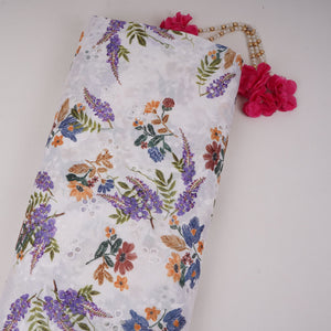 White With Multicolor Floral Print Cotton Schiffli Fabric LI-32154 - TradeUNO