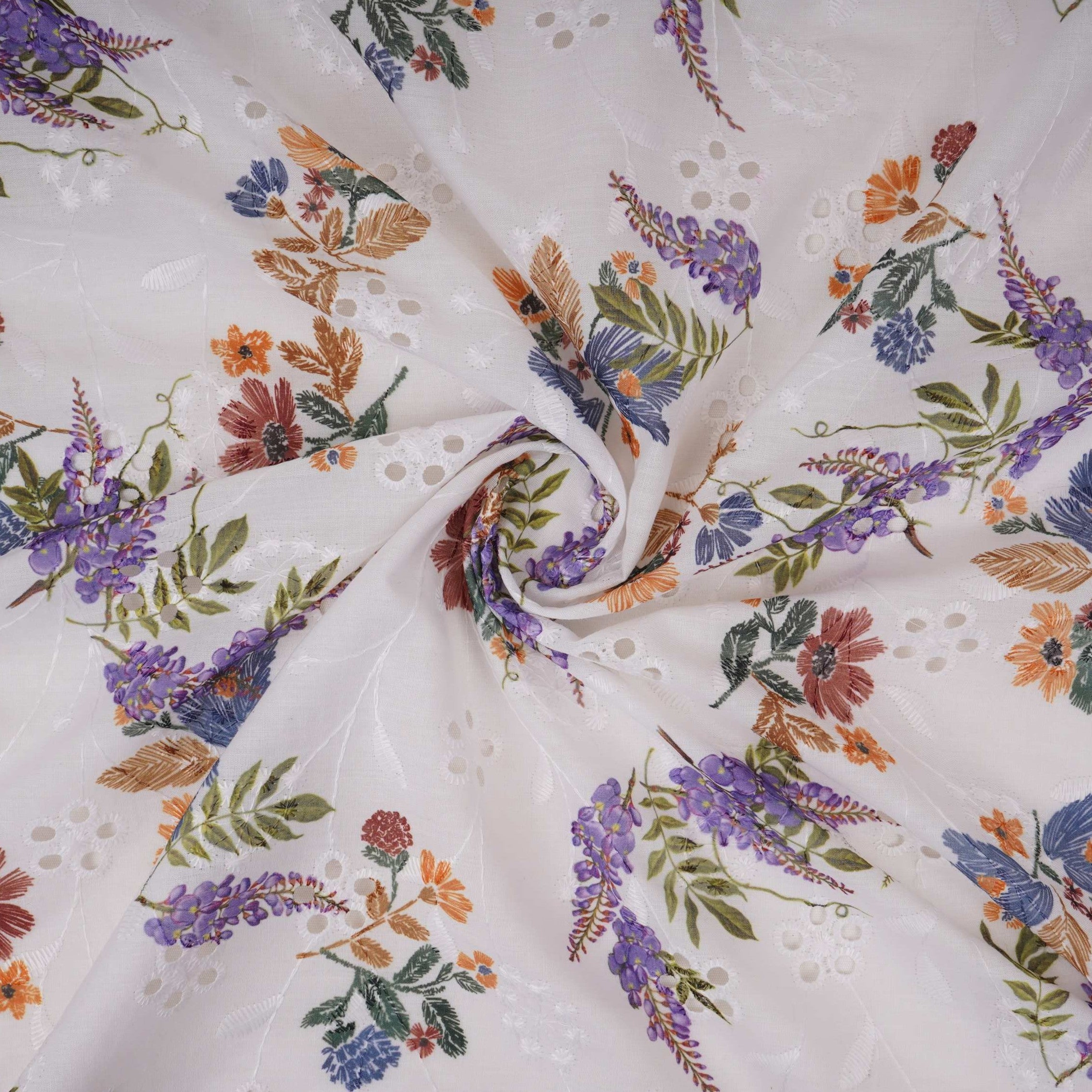 White With Multicolor Floral Print Cotton Schiffli Fabric LI-32154 - TradeUNO