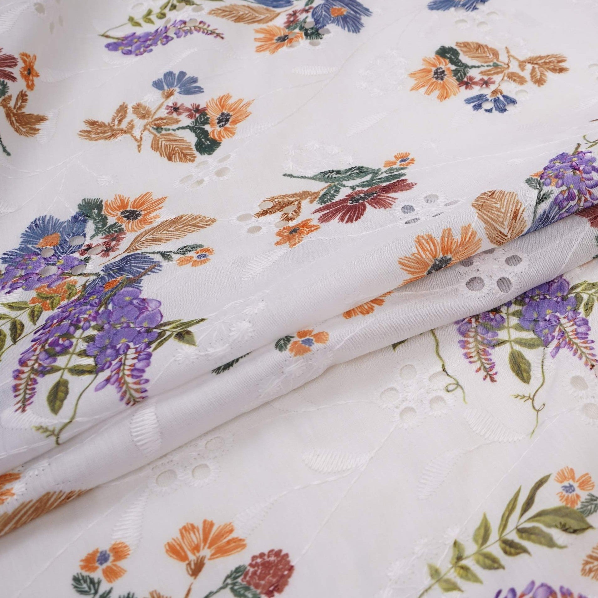 White With Multicolor Floral Print Cotton Schiffli Fabric LI-32154 - TradeUNO