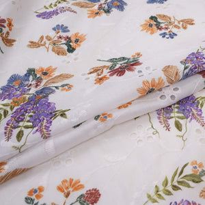 White With Multicolor Floral Print Cotton Schiffli Fabric LI-32154 - TradeUNO