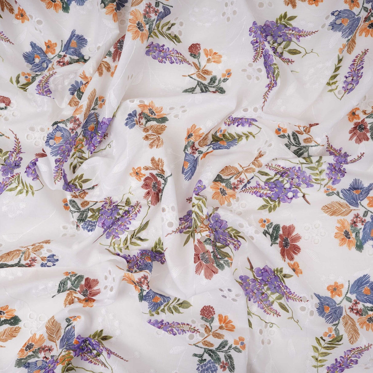 White With Multicolor Floral Print Cotton Schiffli Fabric LI-32154