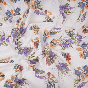 White With Multicolor Floral Print Cotton Schiffli Fabric LI-32154 - TradeUNO