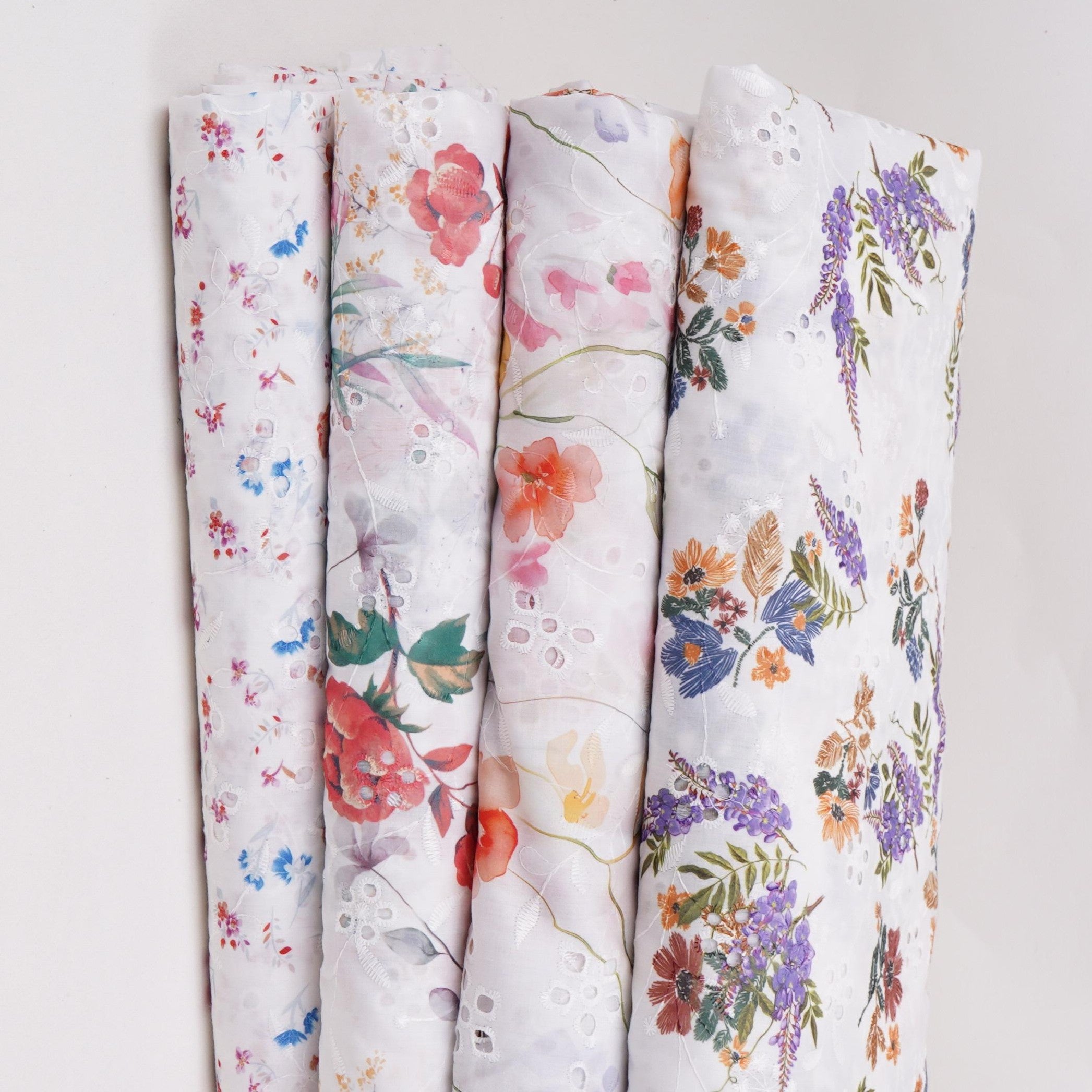 White With Lavender Floral Print Cotton Schiffli Fabric LI-32152 - TradeUNO