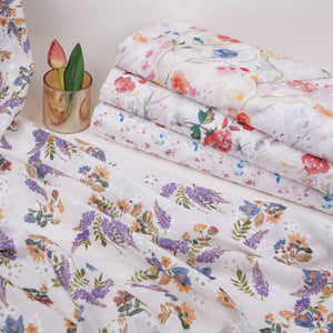 Pink With Blue Floral Print Cotton Schiffli Fabric LI-32155 - TradeUNO