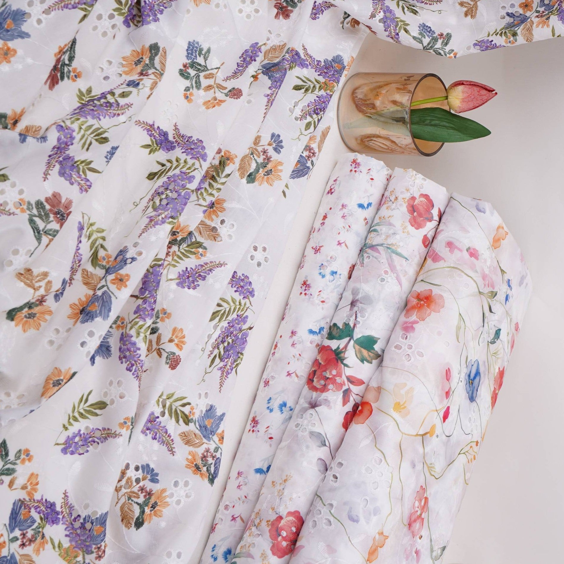 White With Lavender Floral Print Cotton Schiffli Fabric LI-32152 - TradeUNO