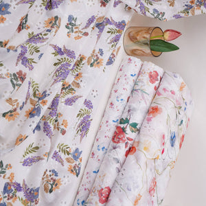 White With Lavender Floral Print Cotton Schiffli Fabric LI-32152 - TradeUNO