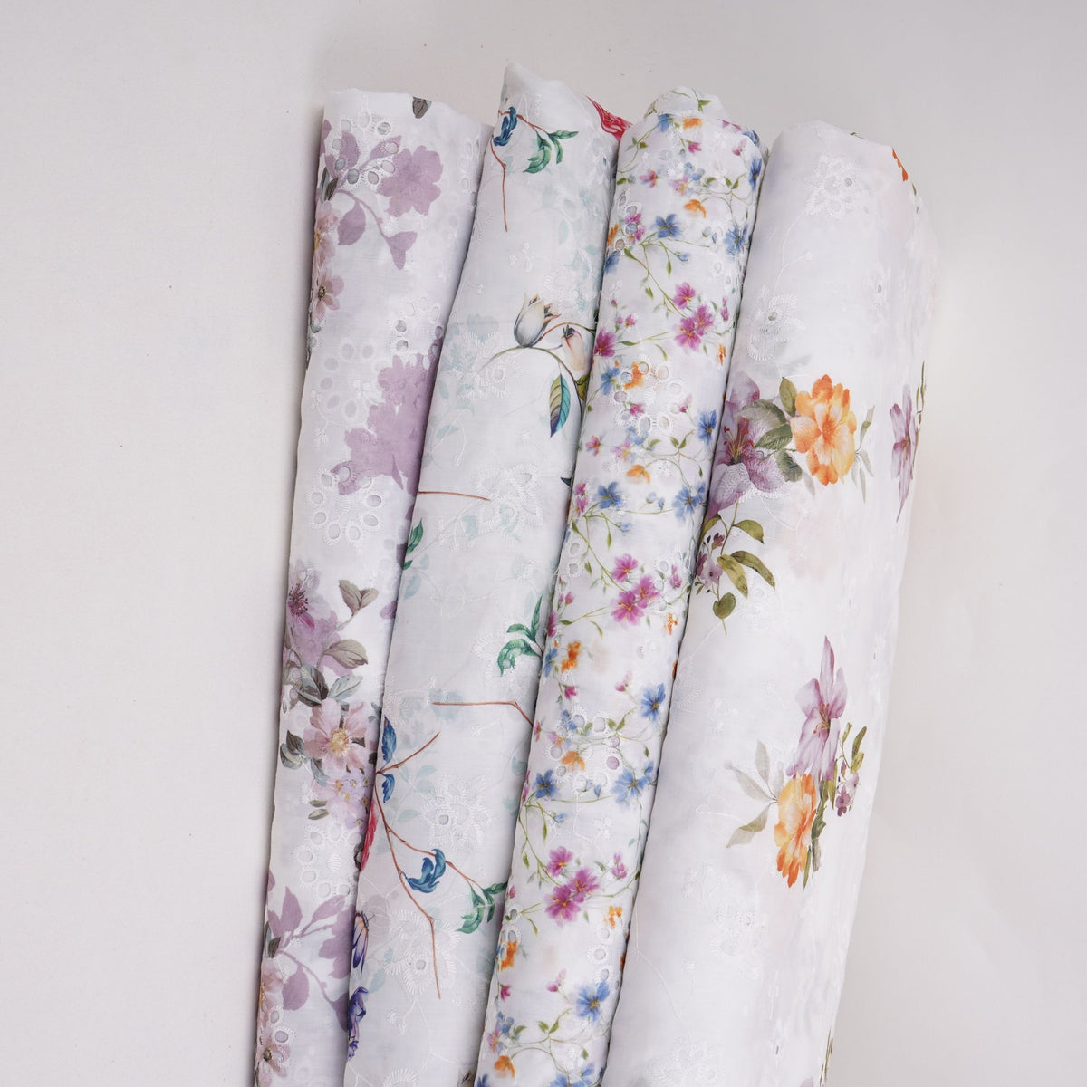 White With Multicolor Floral Print Cotton Schiffli Fabric LI-32154 - TradeUNO