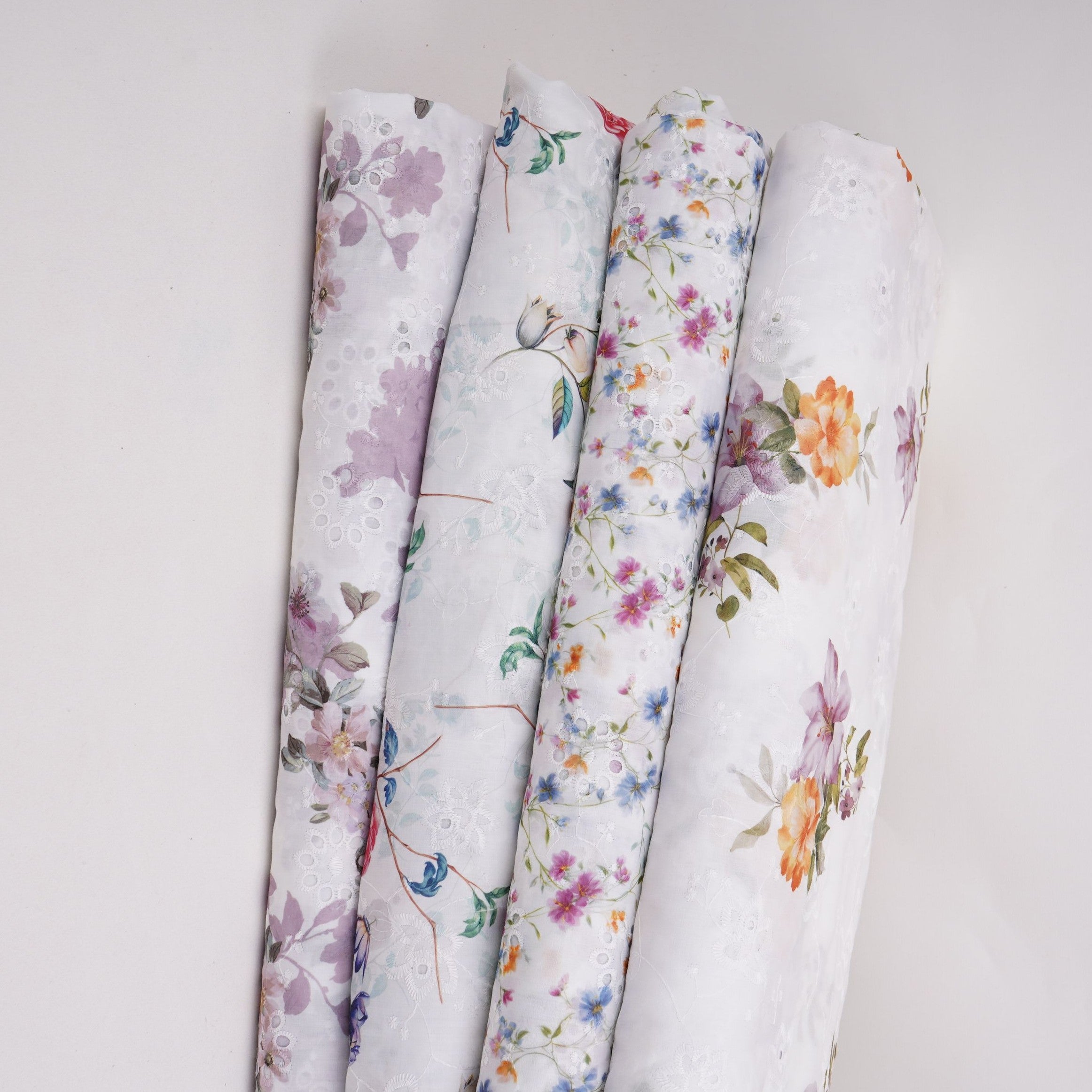 White With Yellow Floral Print Cotton Schiffli Fabric LI-32149 - TradeUNO