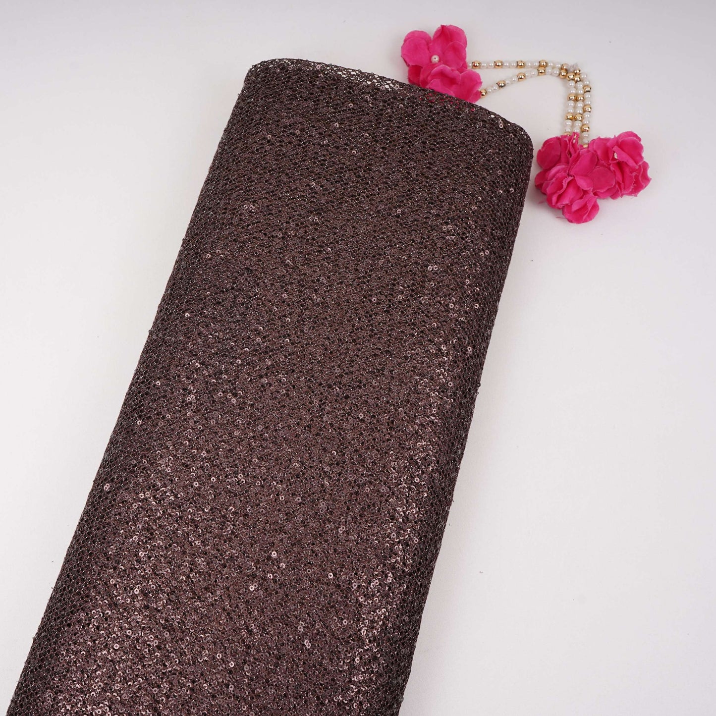 Dark Maroon Sequins Embroidery Net Fabric LI-32175