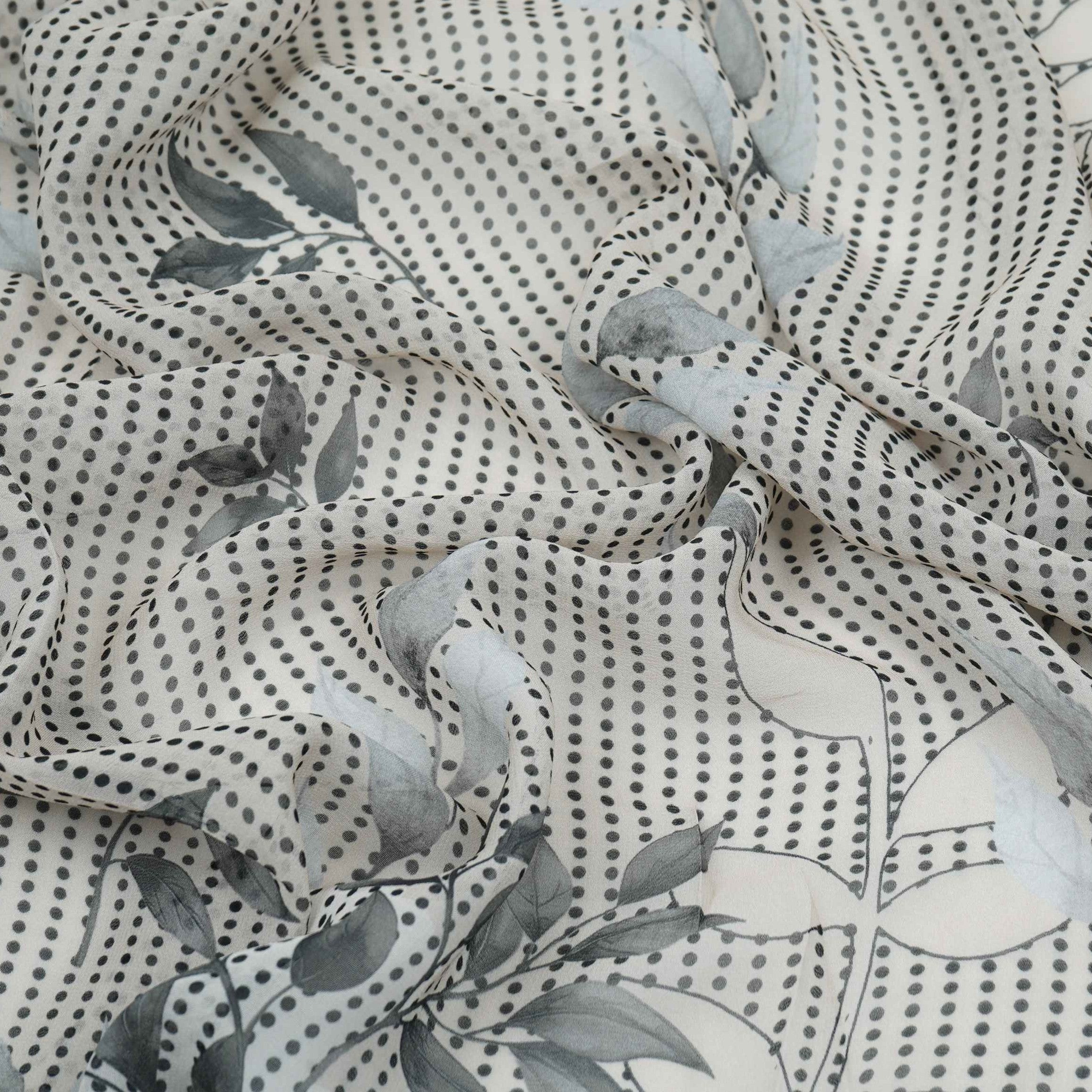 Charcol Grey & Black Floral Print Georgette Fabric VP-32368 - TradeUNO
