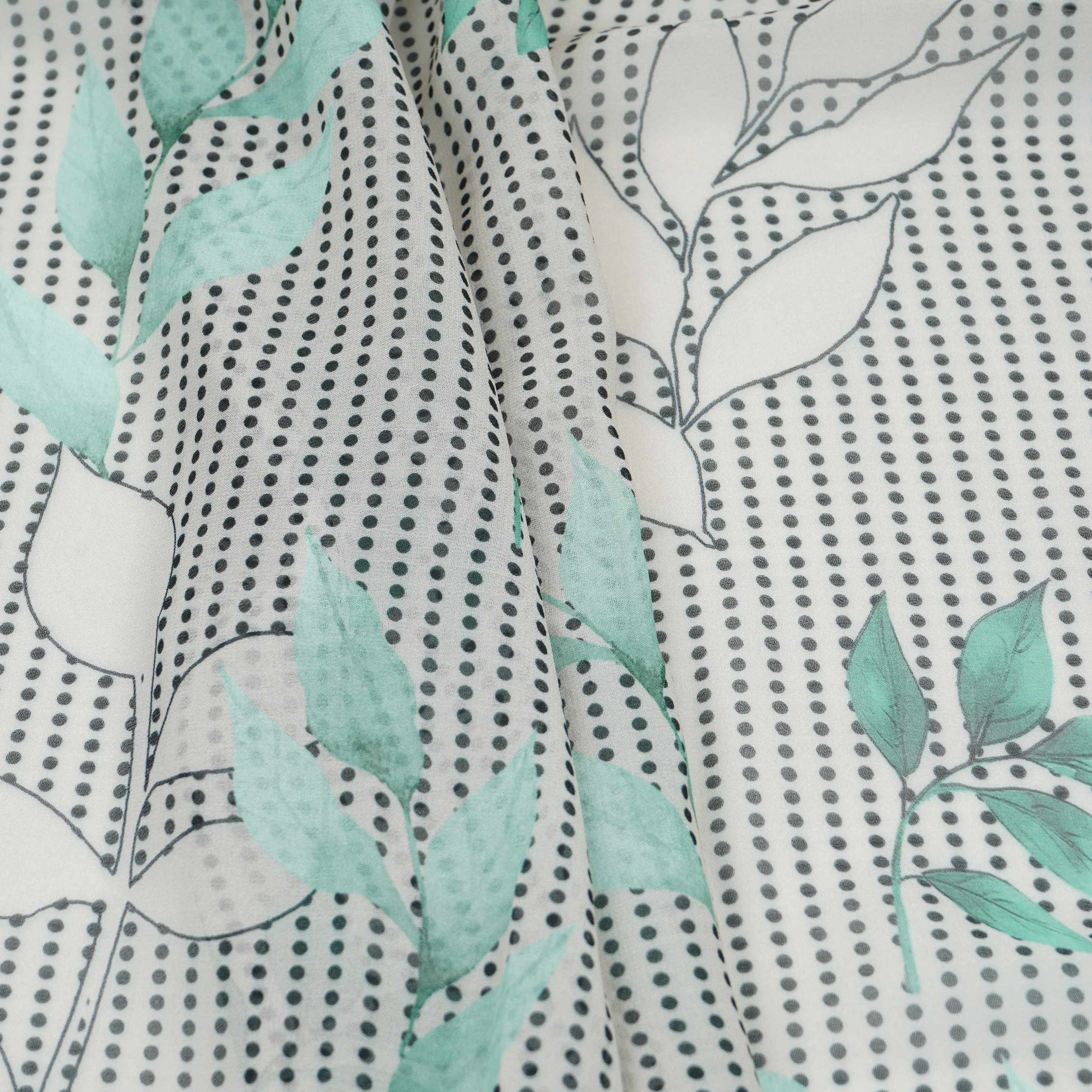 Sage Green & Black Floral Print Georgette Fabric VP-32366 - TradeUNO