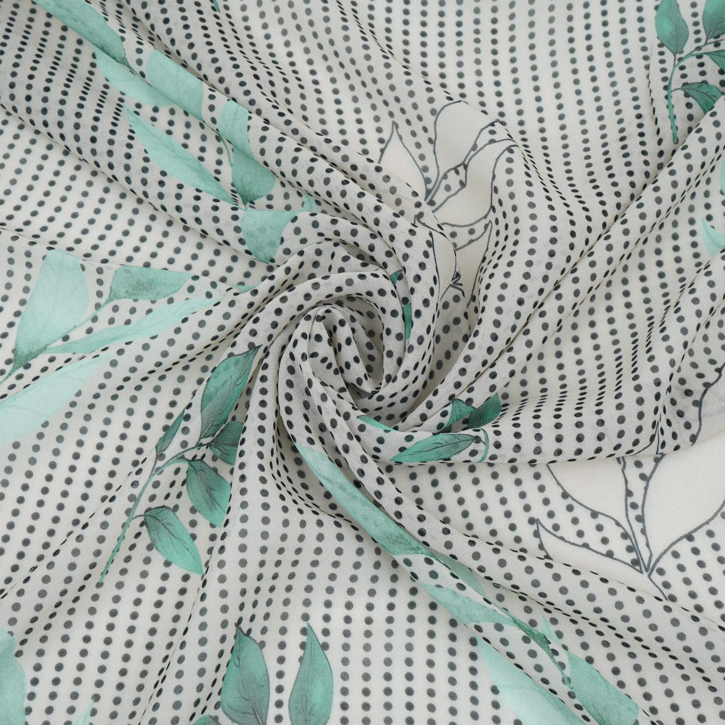 Sage Green & Black Floral Print Georgette Fabric VP-32366 - TradeUNO