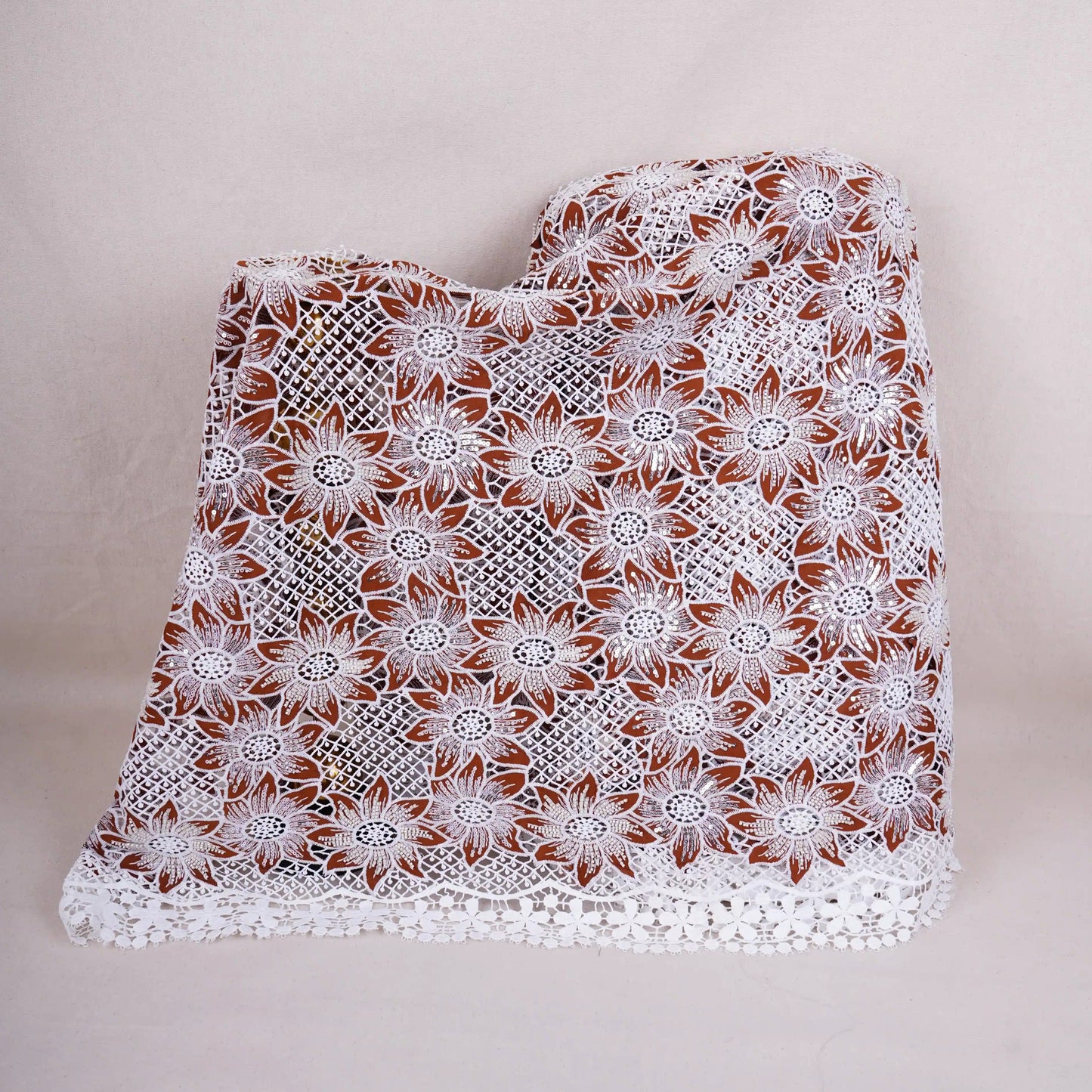 Brown Cutdana Floral Schiffli Embroidery Crepe Fabric DVT-30572
